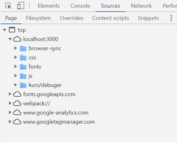 debugger source lewa część zakładki
